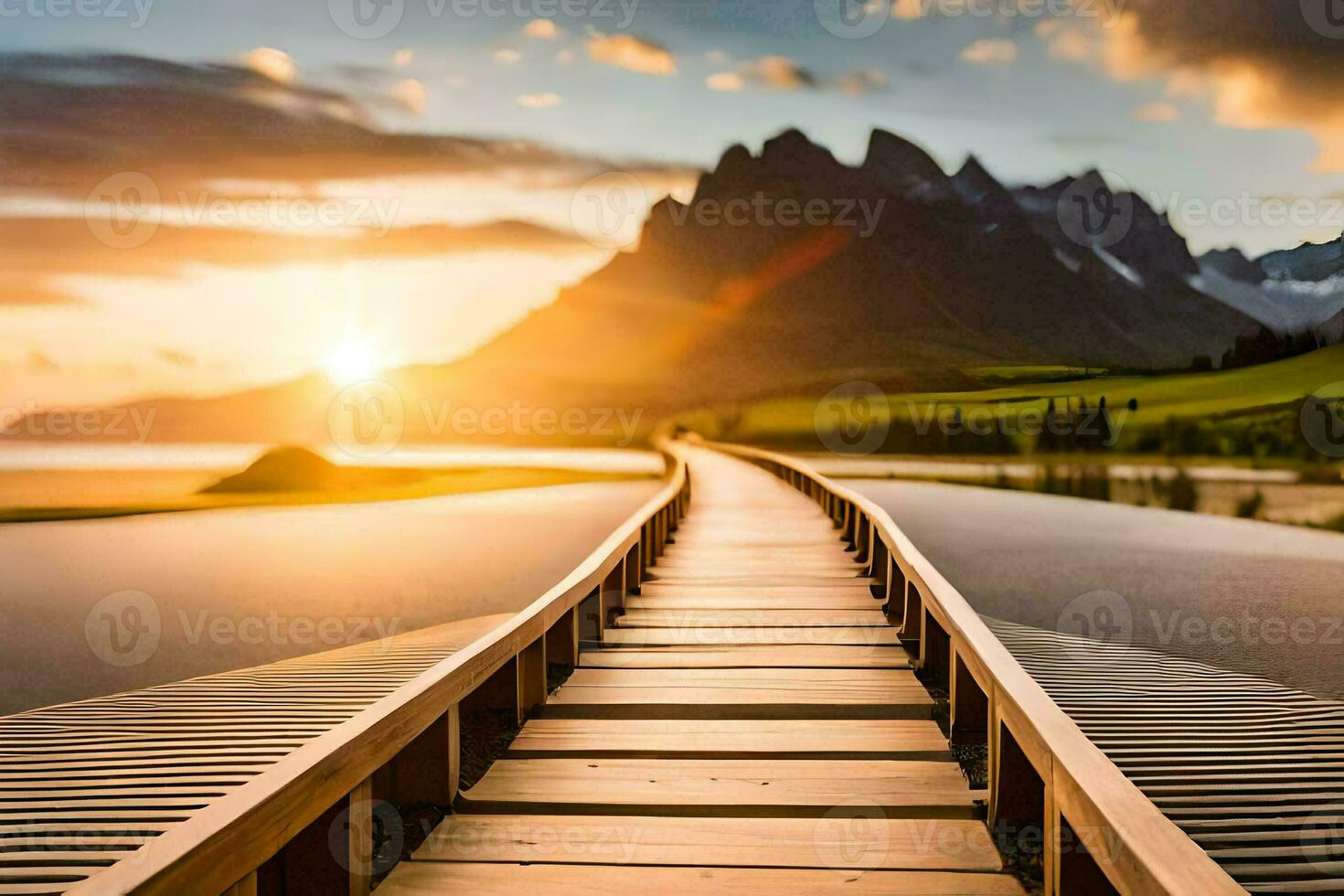 een houten loopbrug Leidt naar de zon. ai-gegenereerd foto