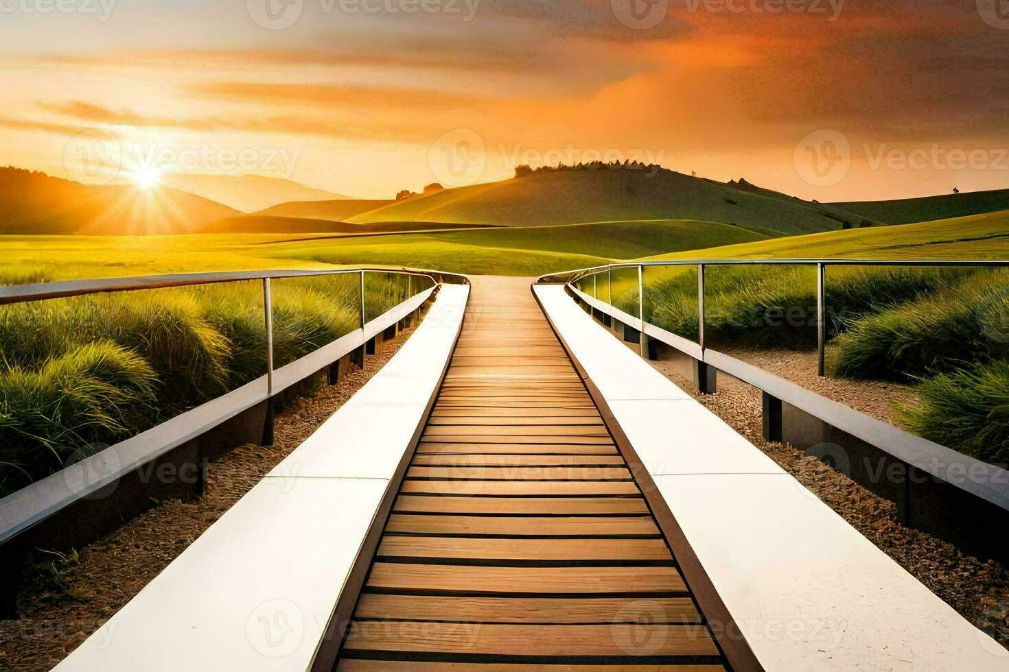 een houten loopbrug Leidt naar een met gras begroeid veld. ai-gegenereerd foto