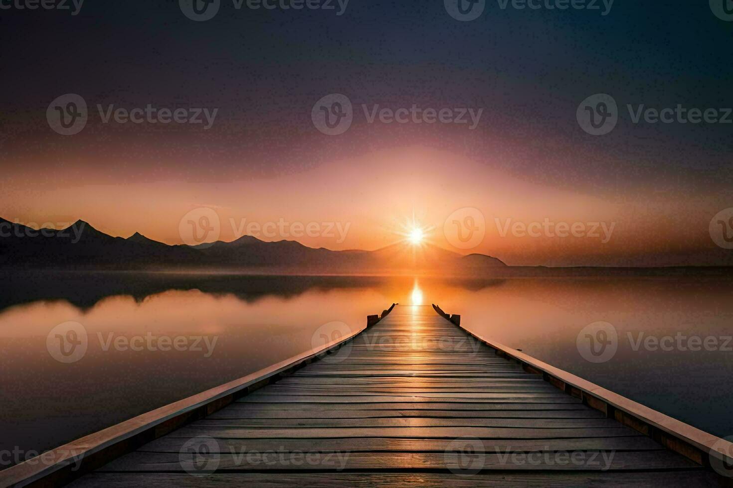 een houten dok strekt zich uit uit in de water Bij zonsondergang. ai-gegenereerd foto