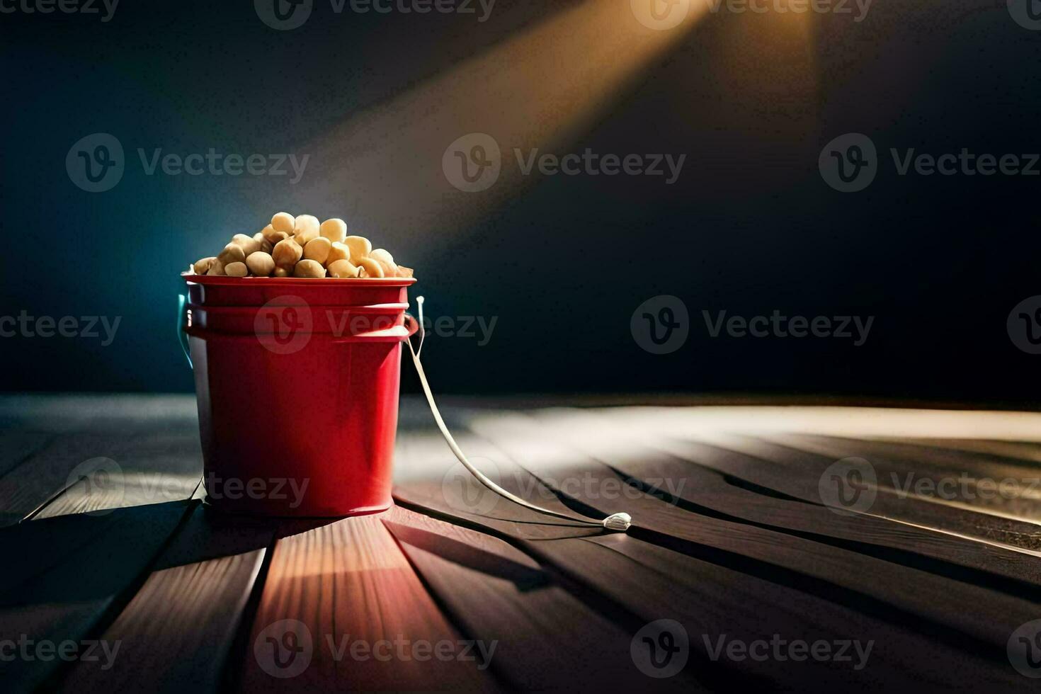 een emmer van popcorn Aan een houten tafel. ai-gegenereerd foto