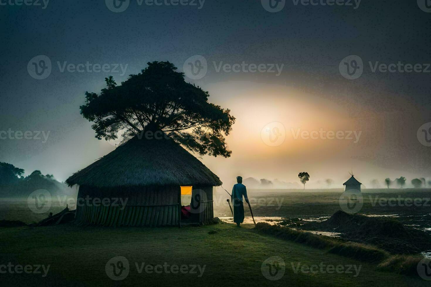 een Mens staat in voorkant van een hut in de midden- van een veld. ai-gegenereerd foto