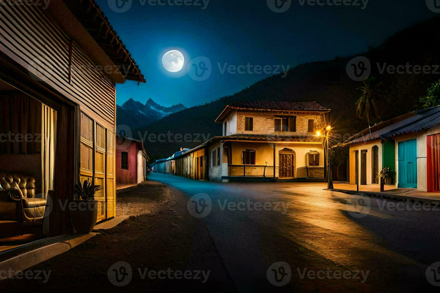 een straat Bij nacht met een vol maan. ai-gegenereerd foto