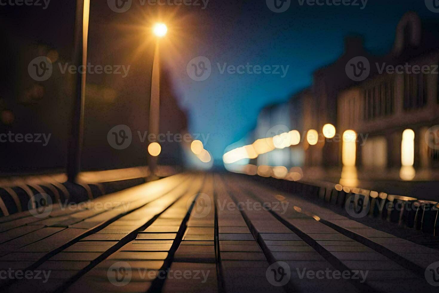 een lang loopbrug met lichten Aan de straat Bij nacht. ai-gegenereerd foto