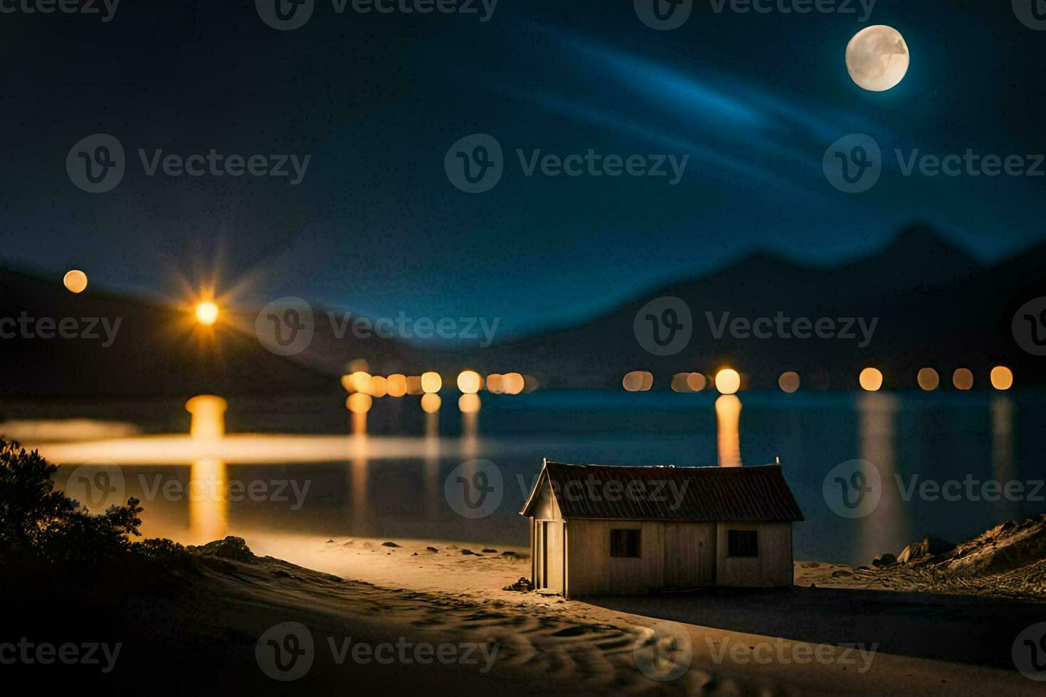 een klein huis zit Aan de strand Bij nacht. ai-gegenereerd foto