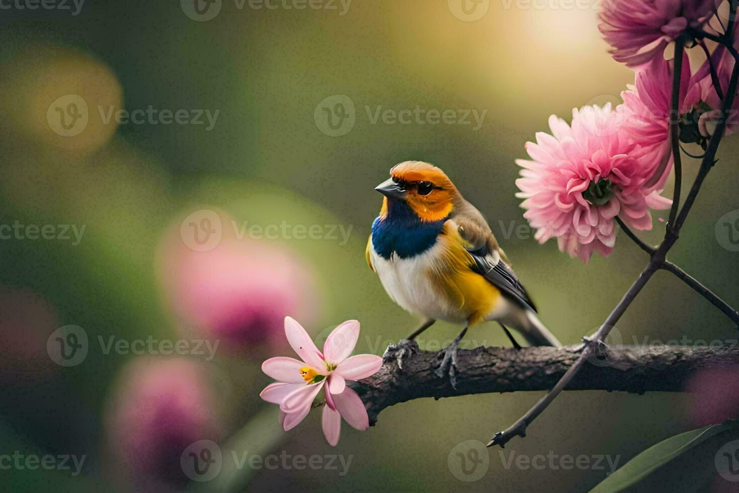 een klein vogel is zittend Aan een Afdeling met roze bloemen. ai-gegenereerd foto