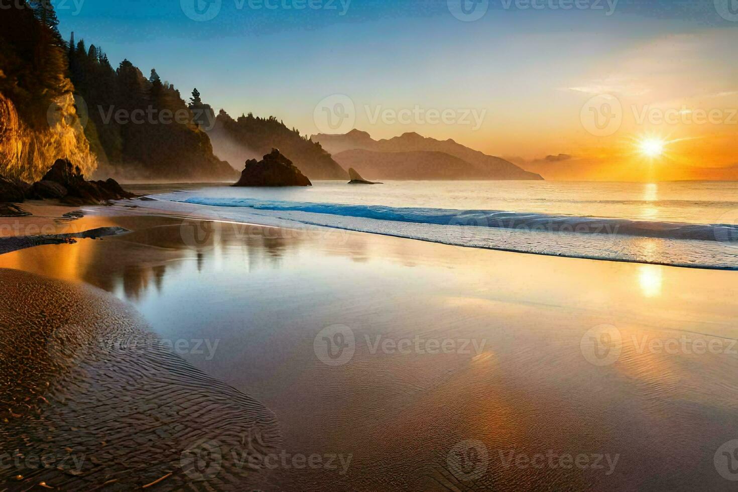 de zon stijgt over- de oceaan en de strand. ai-gegenereerd foto