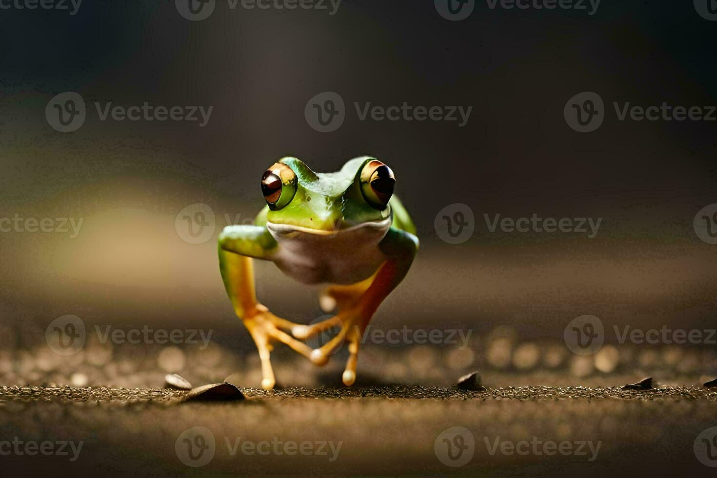 een kikker is staand Aan de grond met haar ogen open. ai-gegenereerd foto