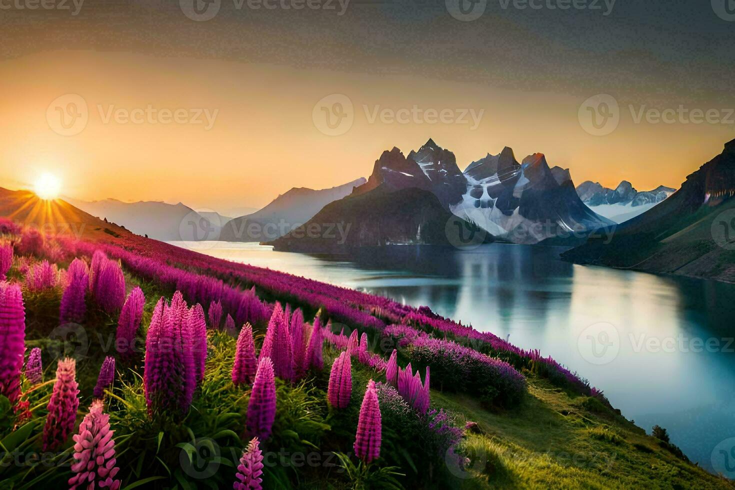 de zon stijgt over- de bergen en de lupine bloemen bloeien in de voorgrond. ai-gegenereerd foto