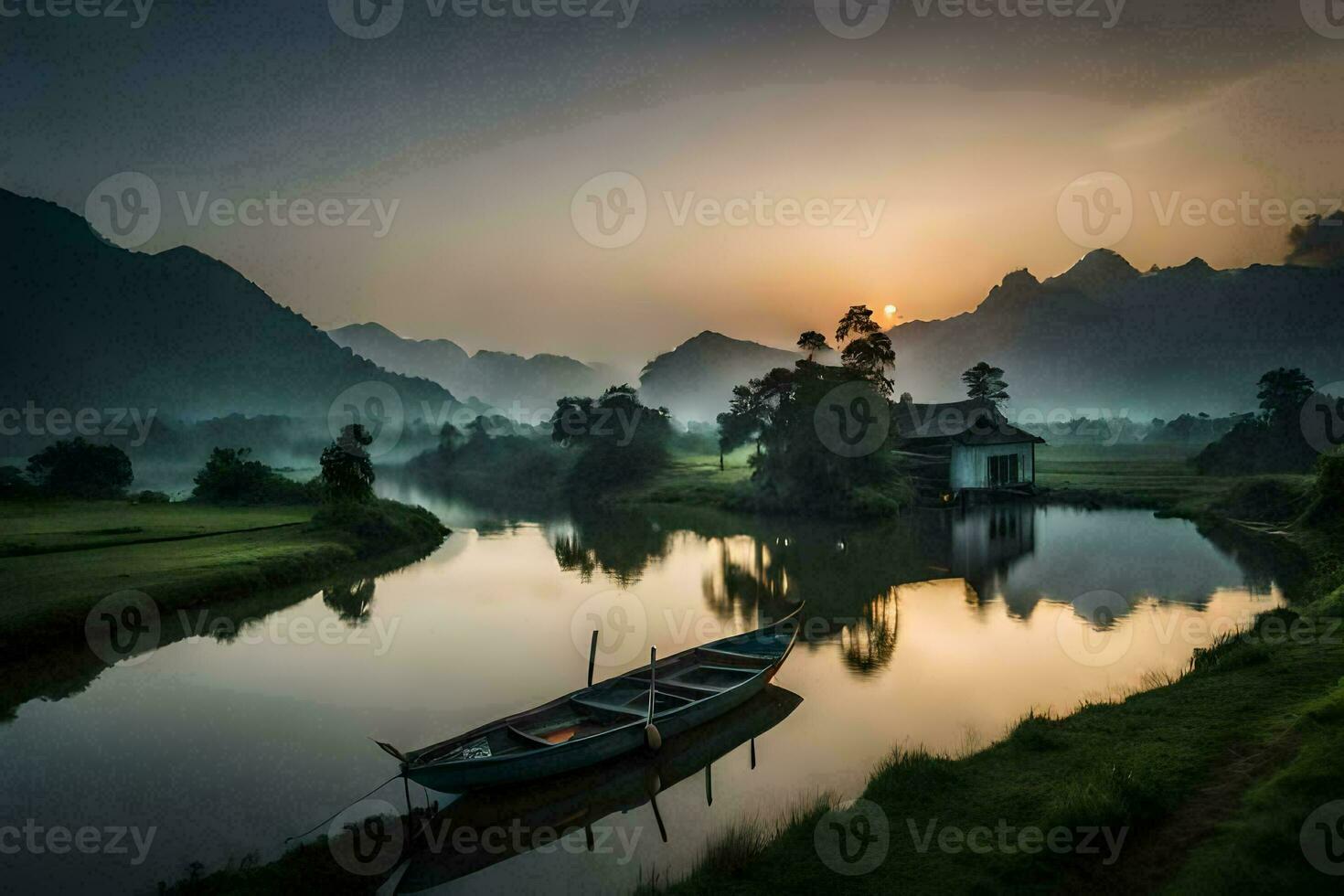 de zonsopkomst over- de rivier. ai-gegenereerd foto