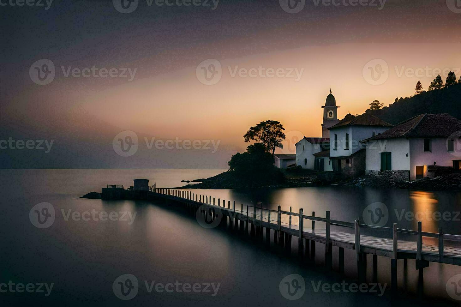 een lang blootstelling fotograaf van een kerk Aan een pier Bij zonsondergang. ai-gegenereerd foto