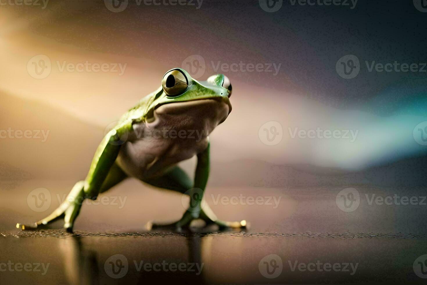 een kikker is staand Aan haar achter poten. ai-gegenereerd foto