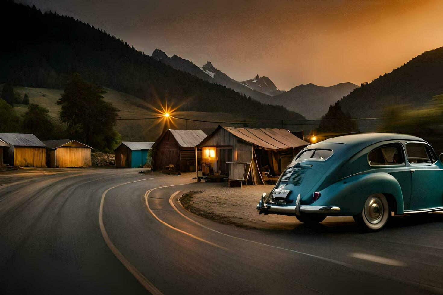 een klassiek auto schijven naar beneden een land weg Bij zonsondergang. ai-gegenereerd foto