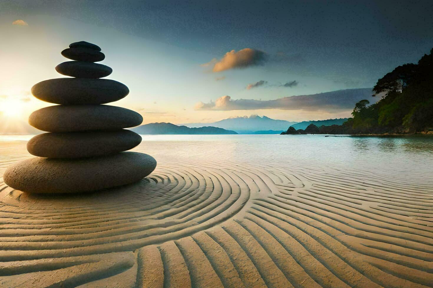 een stack van rotsen Aan de strand Bij zonsondergang. ai-gegenereerd foto