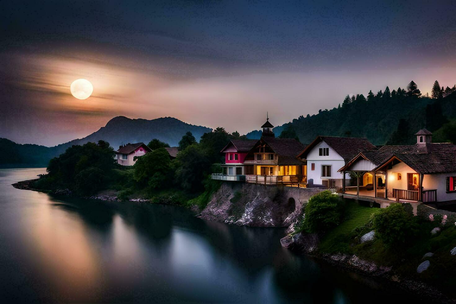 foto behang de lucht, meer, bergen, huis, maan, de maanlicht, de maan. ai-gegenereerd