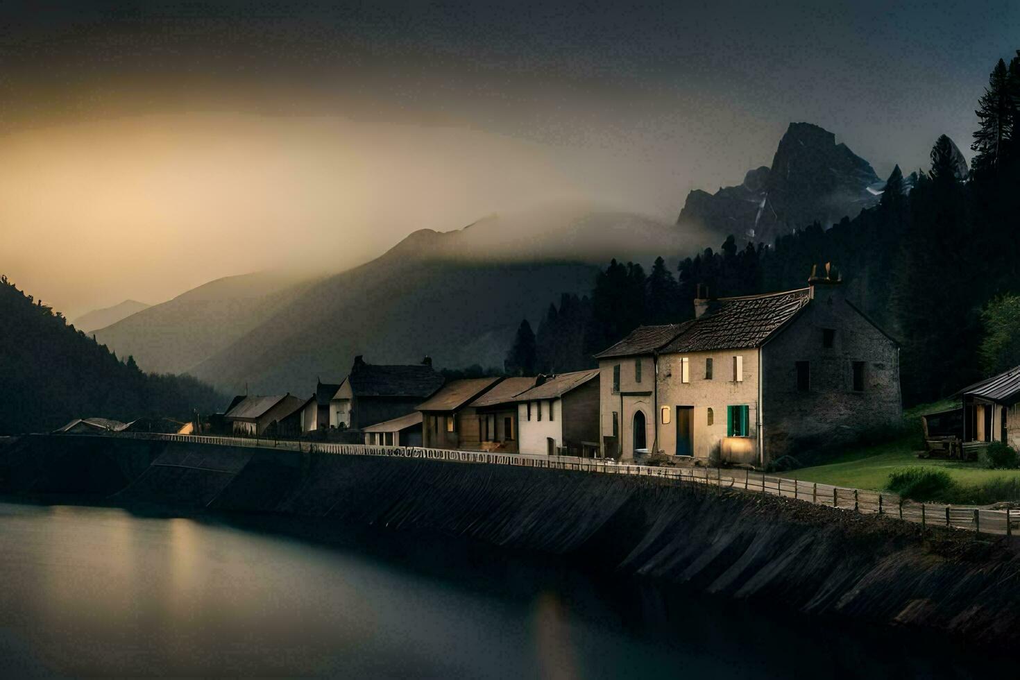 een rivier- loopt door een dorp Bij zonsondergang. ai-gegenereerd foto