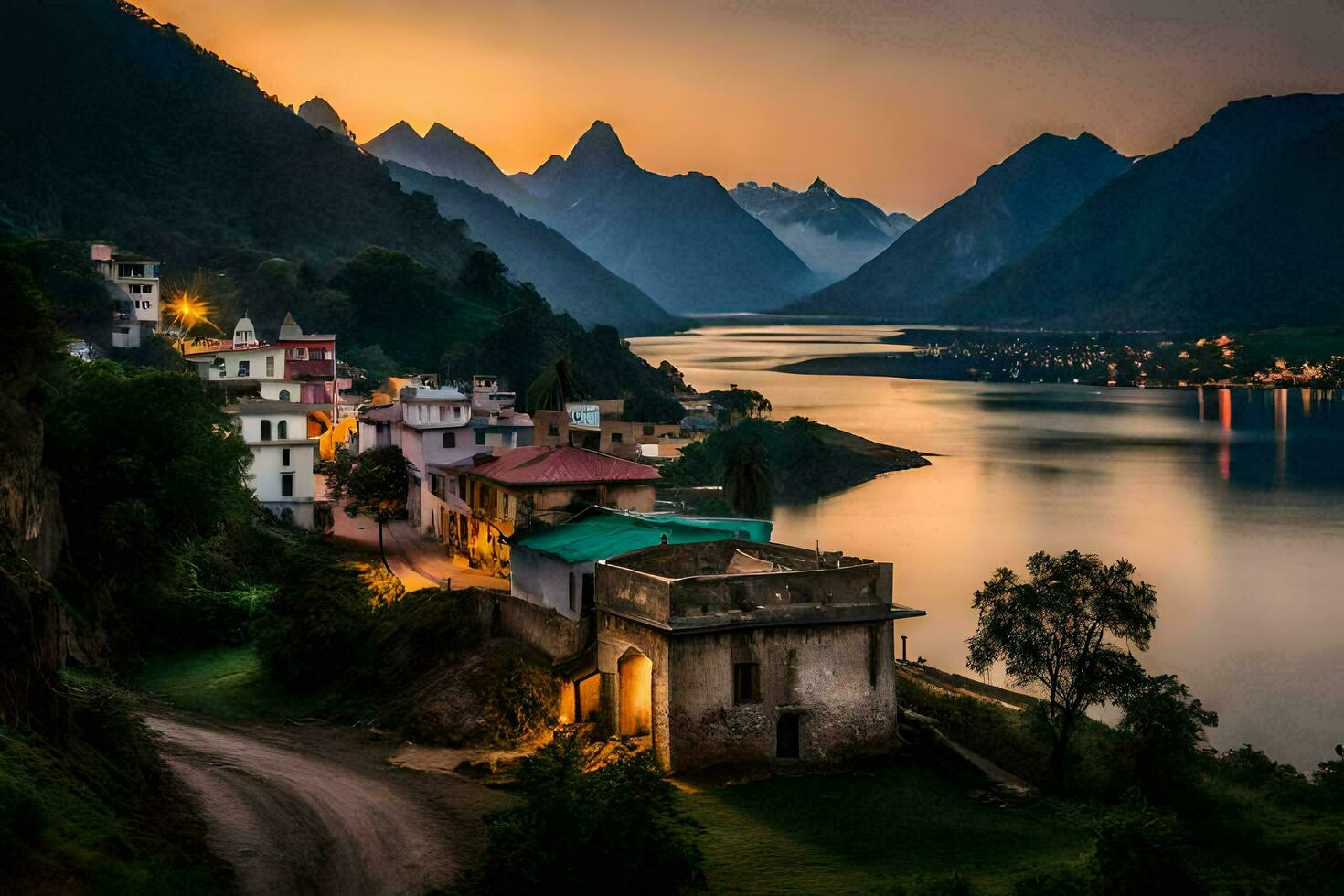 een dorp zit Aan de rand van een meer Bij zonsondergang. ai-gegenereerd foto