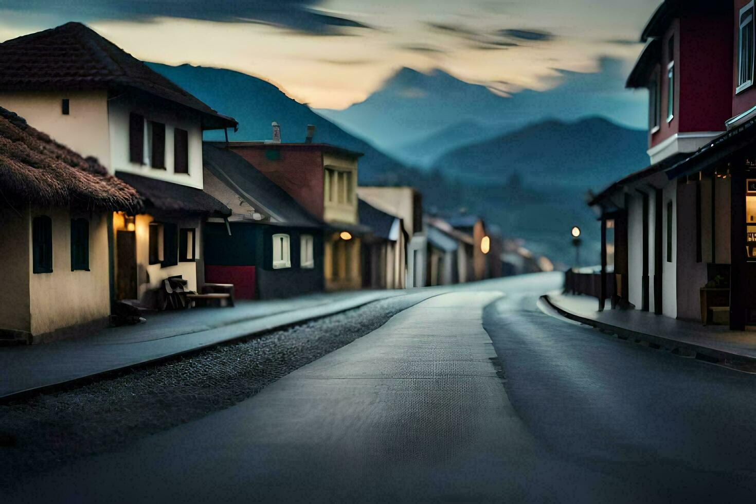 een lang blootstelling foto van een straat in de bergen. ai-gegenereerd