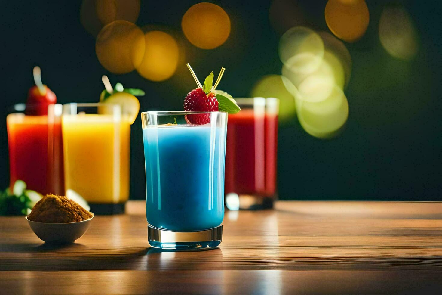 kleurrijk drankjes Aan een houten tafel. ai-gegenereerd foto