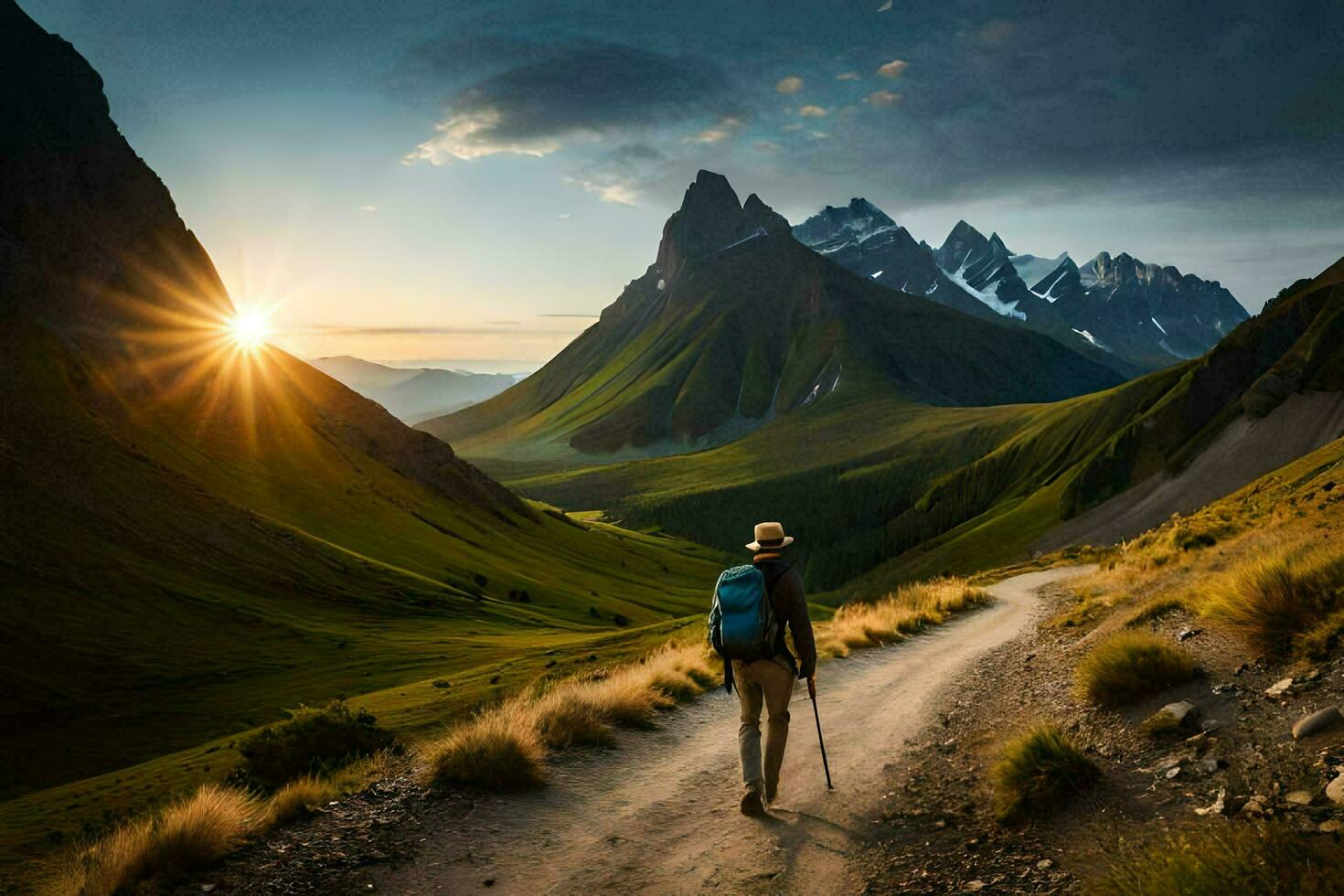 een Mens wandelingen naar beneden een aarde weg in de bergen. ai-gegenereerd foto