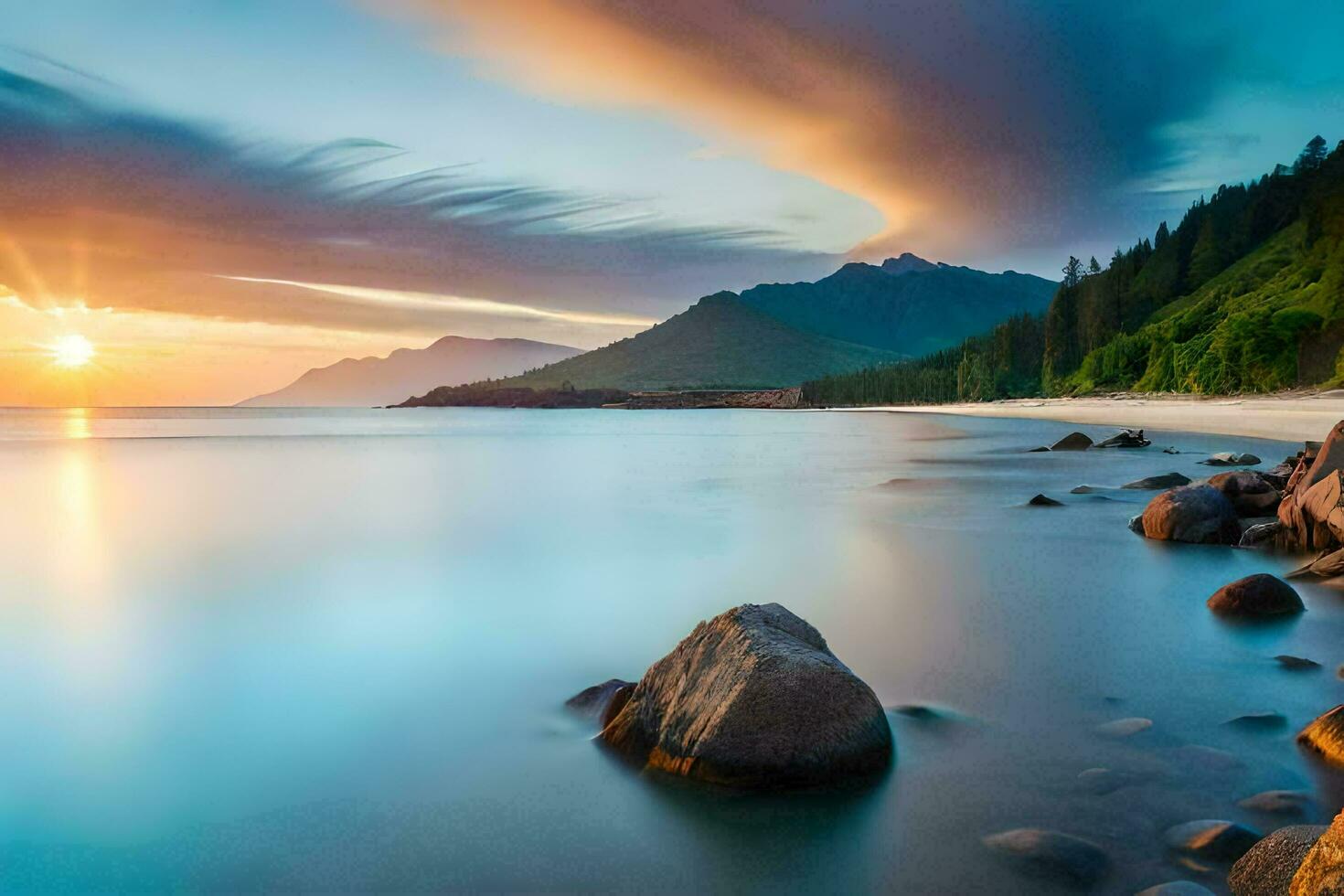 de zon sets over- een strand en bergen. ai-gegenereerd foto