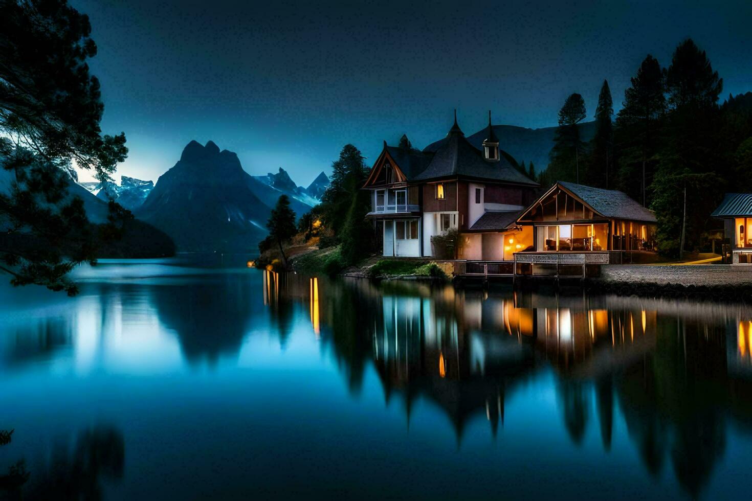 een huis zit Aan de kust van een meer Bij nacht. ai-gegenereerd foto