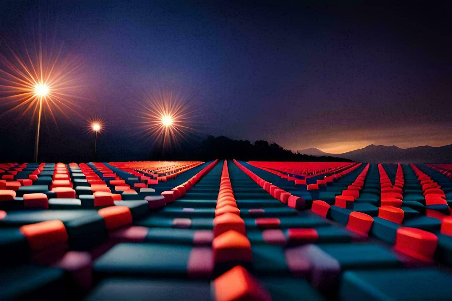 een veld- van rood en blauw blokken met lichten. ai-gegenereerd foto