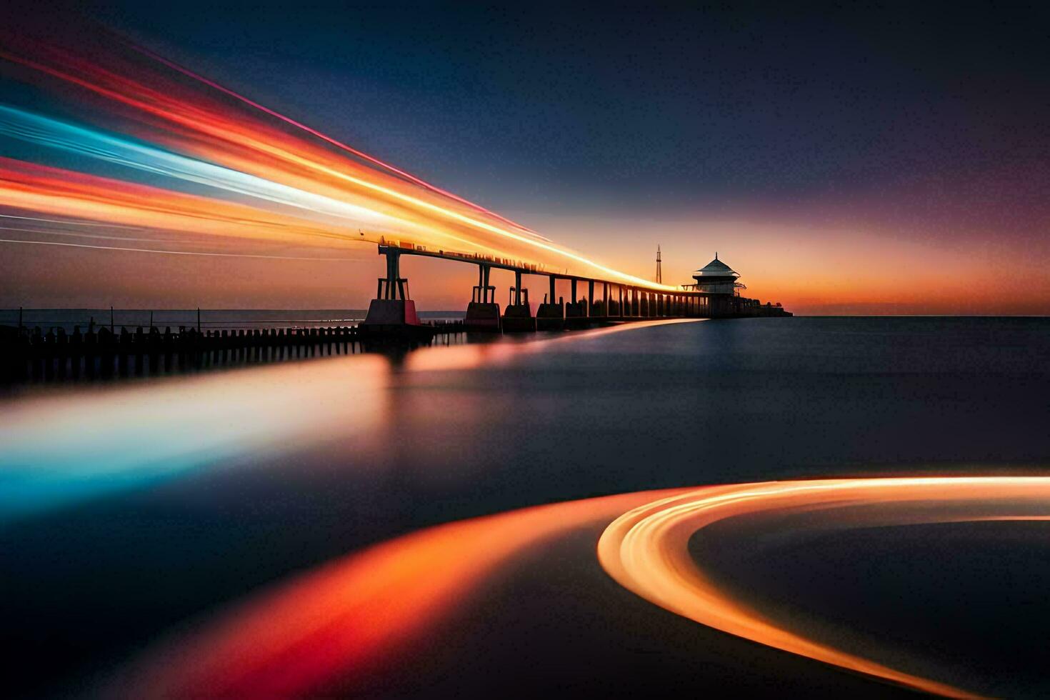 een lang blootstelling fotograaf van een pier Bij zonsondergang. ai-gegenereerd foto
