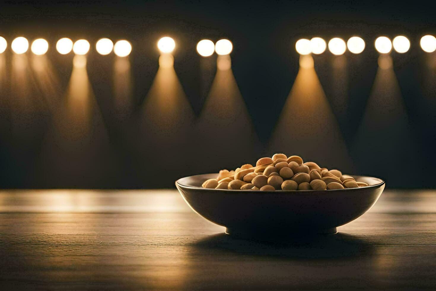 kom van pinda's Aan een tafel in voorkant van schijnwerper. ai-gegenereerd foto