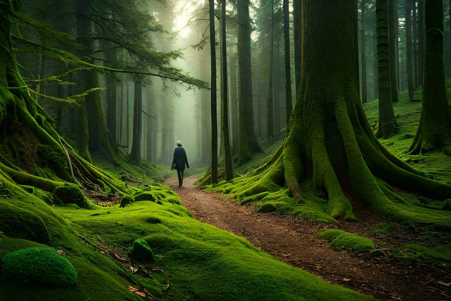 een Mens wandelingen door een Woud met bemost bomen. ai-gegenereerd foto