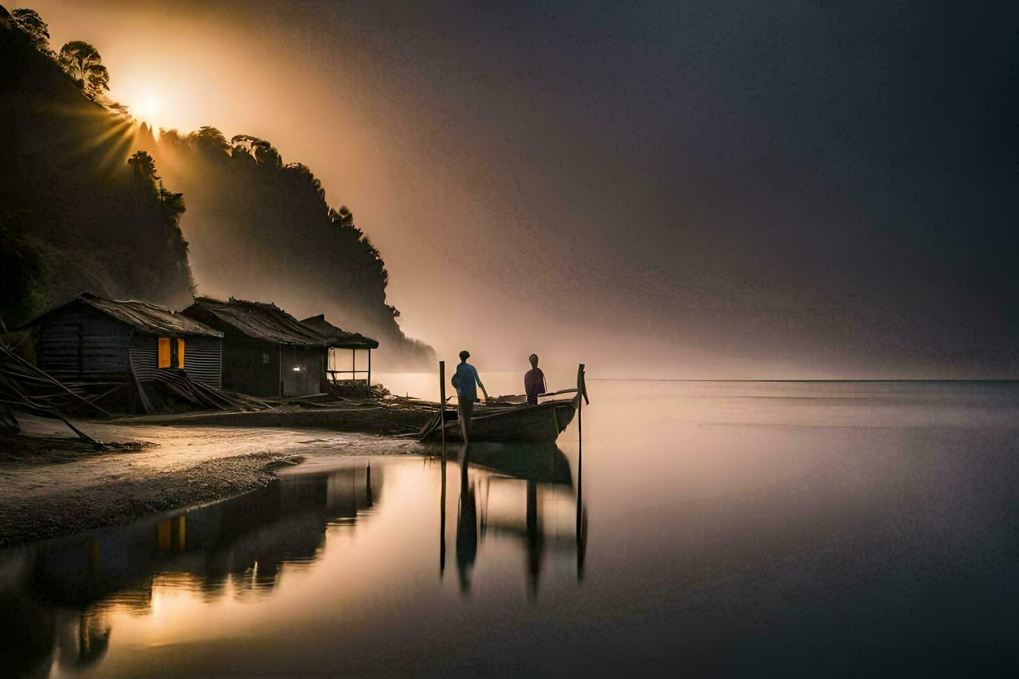 twee mensen staan Aan een boot in voorkant van een huis Bij zonsondergang. ai-gegenereerd foto