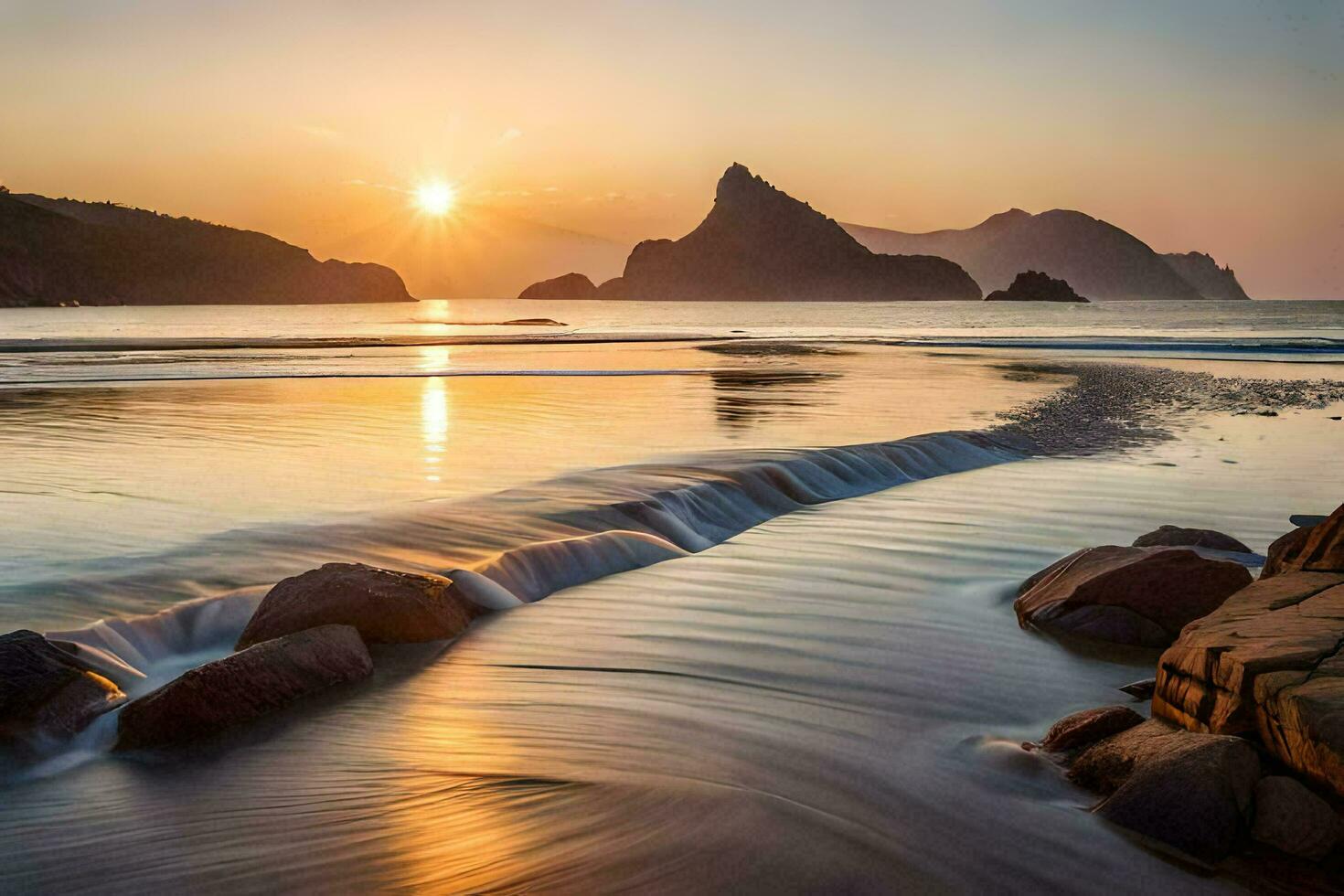 de zon stijgt over- de oceaan en rotsen Bij de strand. ai-gegenereerd foto