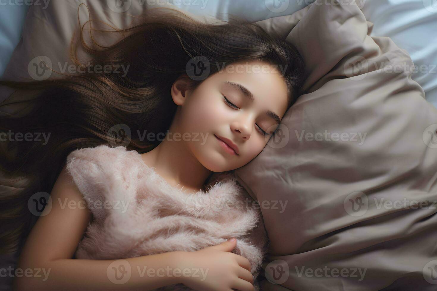 meisje slaapt vredig en zoet in haar bed en heeft fantastisch dromen. ai generatief foto