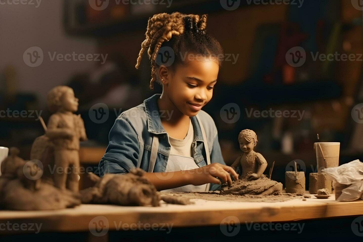 Afro-Amerikaans meisje beeldhouwt een klei ambacht terwijl zittend Bij een tafel in werkplaats. ai generatief foto