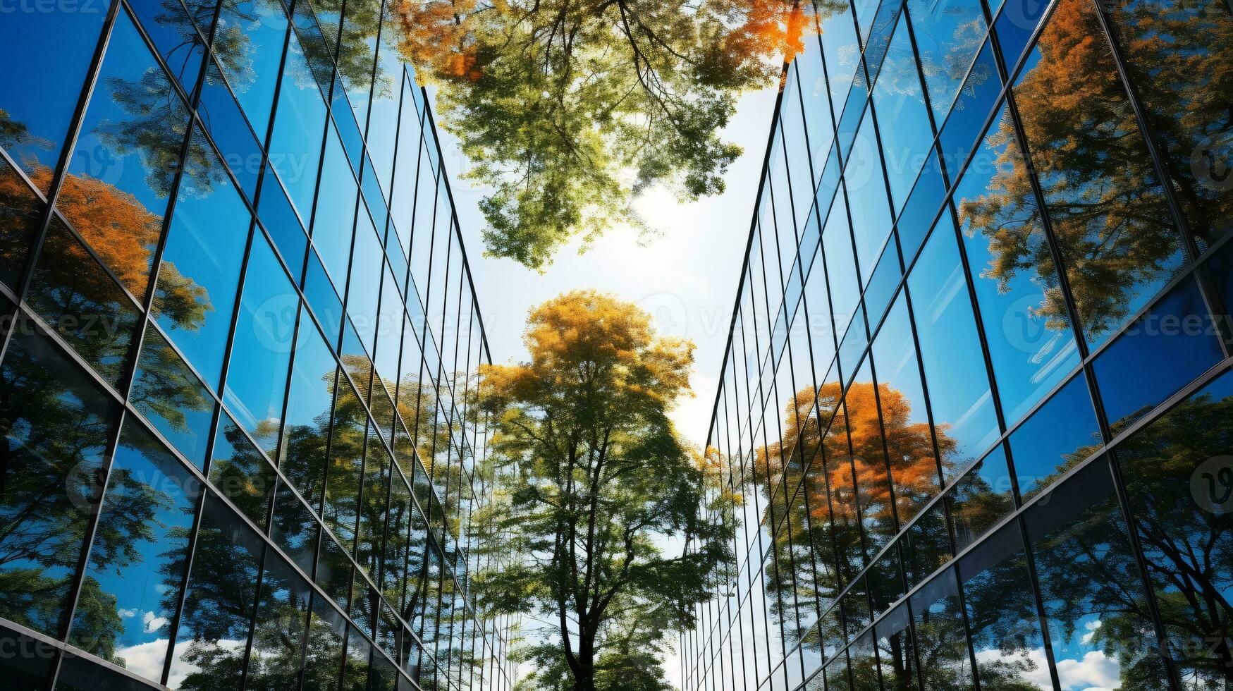 milieuvriendelijk gebouw in de modern stad. duurzame glas kantoor gebouw met boom voor verminderen koolstof dioxide. kantoor gebouw met groen omgeving. zakelijke gebouw verminderen co2. generatief ai. foto