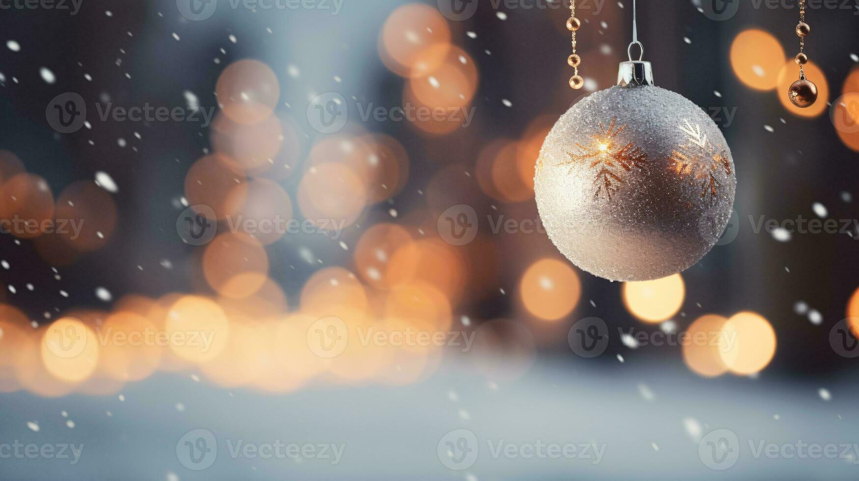 detailopname van Kerstmis snuisterij bal decoratie Aan Kerstmis boom met gouden bokeh feestelijk lichten achtergrond. vrolijk Kerstmis en gelukkig nieuw jaar groet kaarten. Kerstmis nacht. winter vakantie. generatief ai. foto