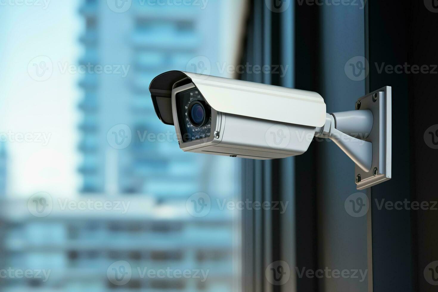 veiligheid toezicht camera Aan muur, modern gebouw. cctv in stad ai generatief foto