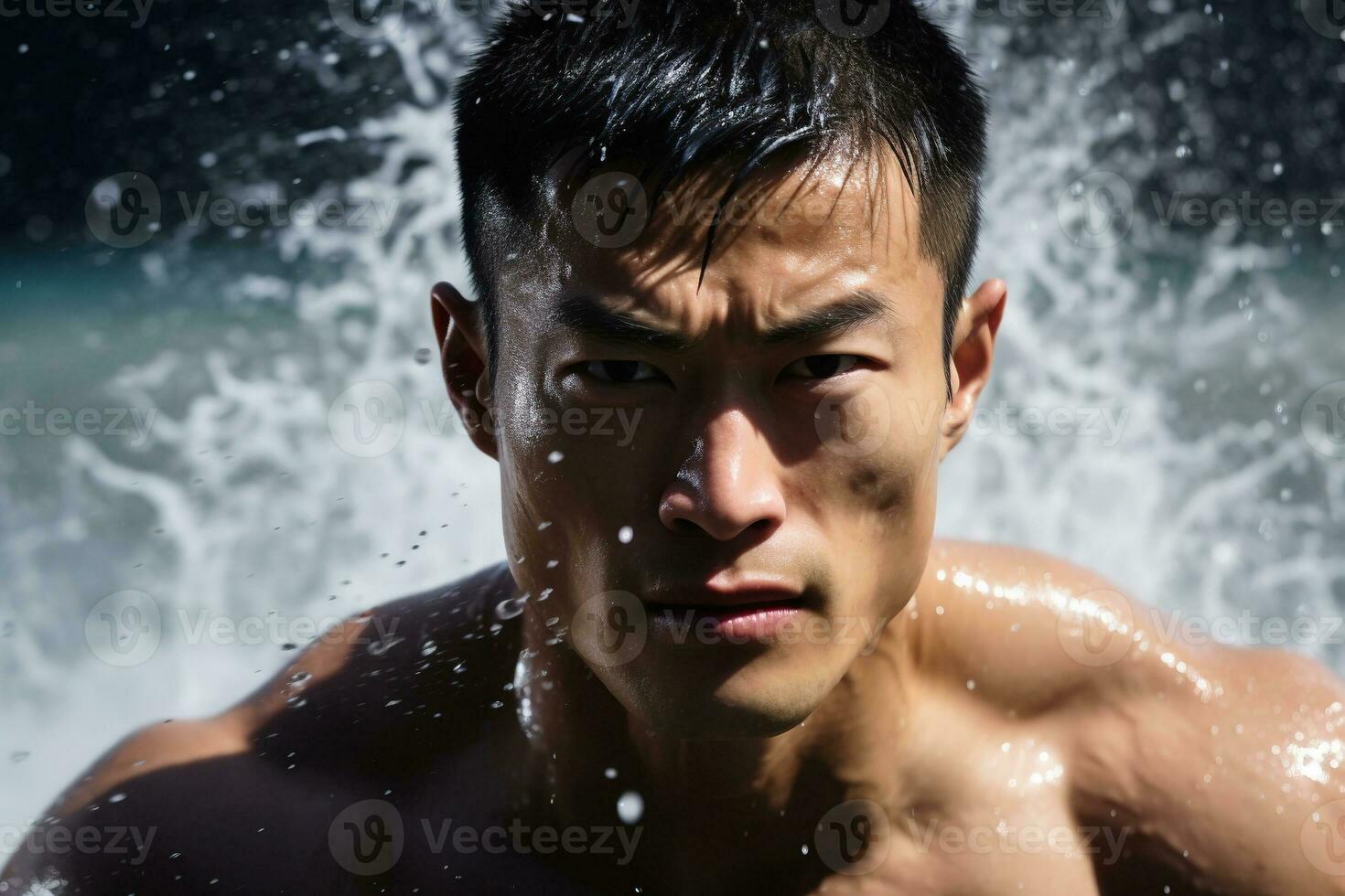 jong mannetje professioneel gespierd zwemmer, Mens zwemmen voorkant visie, detailopname met water plons ai generatief foto