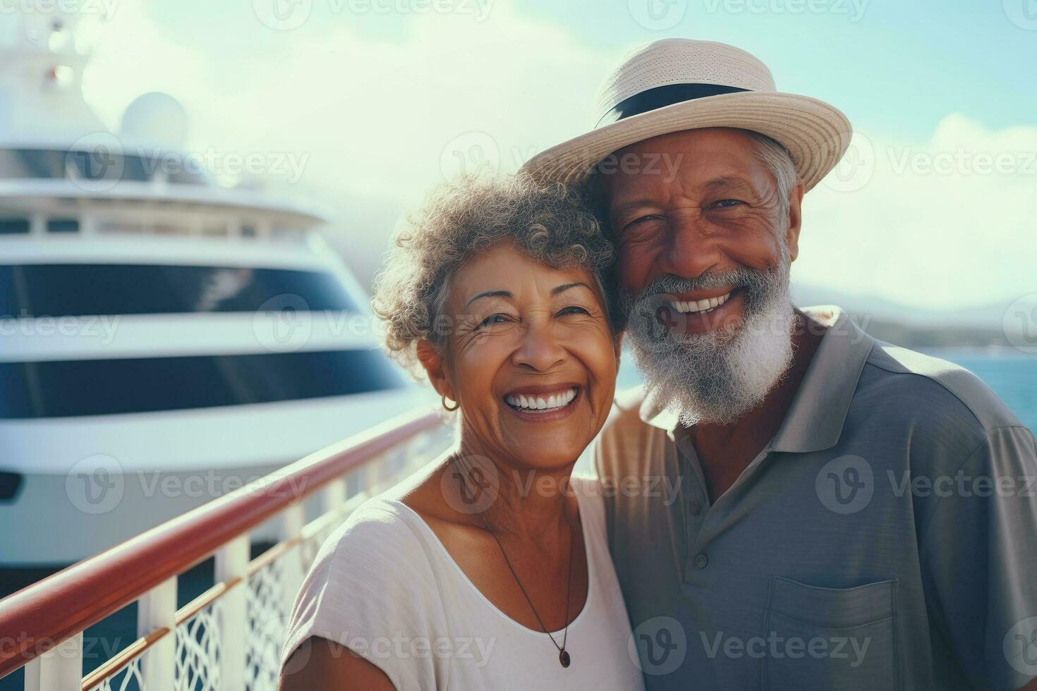 interraciaal senior paar van reizigers Aan reis schip. levensstijl en reizen concept ai generatief foto