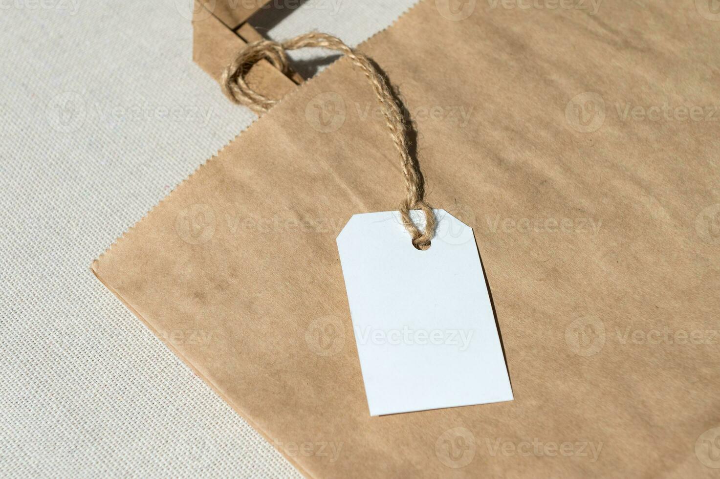 de concept van milieuvriendelijk verpakking. een deel van een pakket met een wit label Aan een touw met handvatten foto