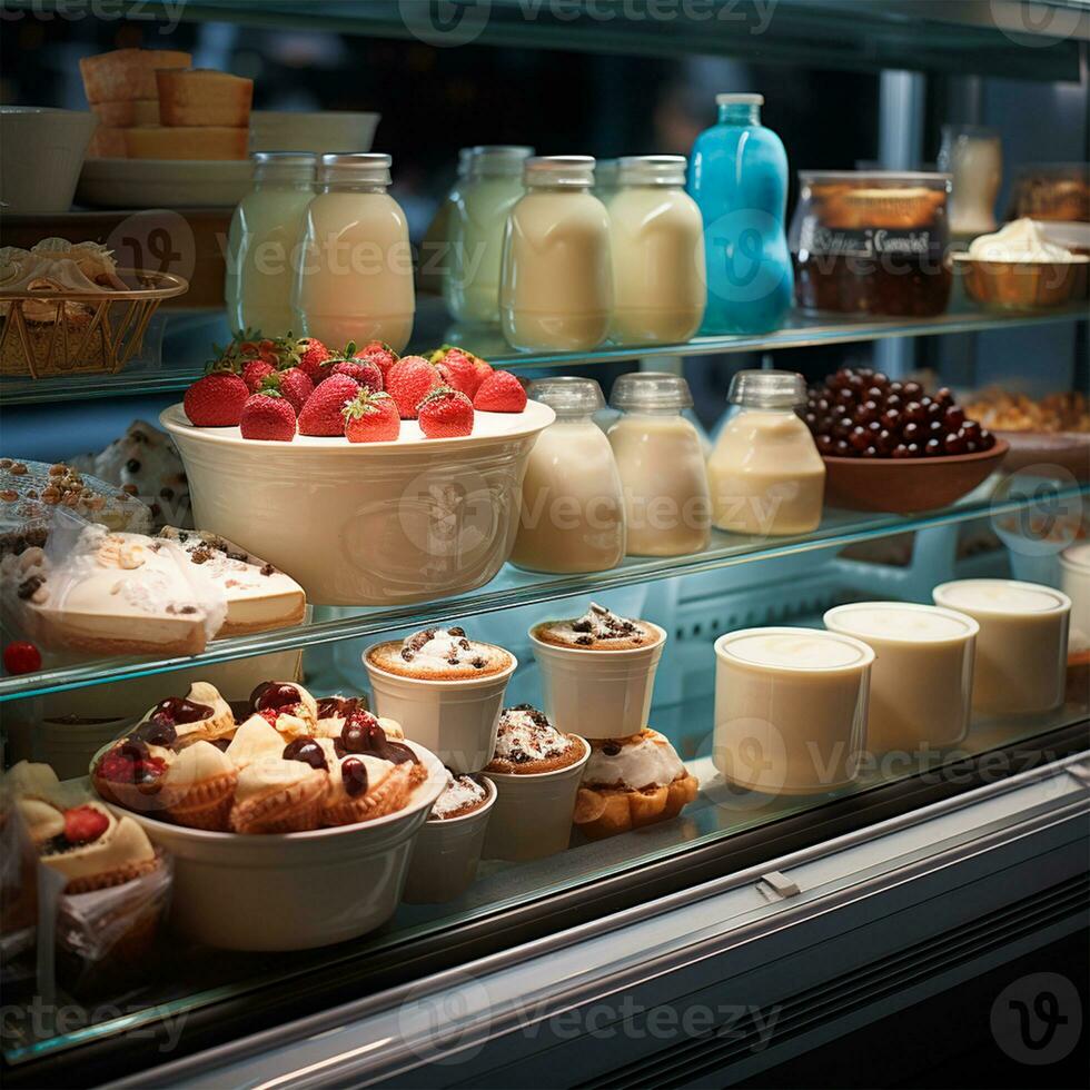 zuivel producten, melk en kaas in een supermarkt, voedsel Scherm - ai gegenereerd beeld foto