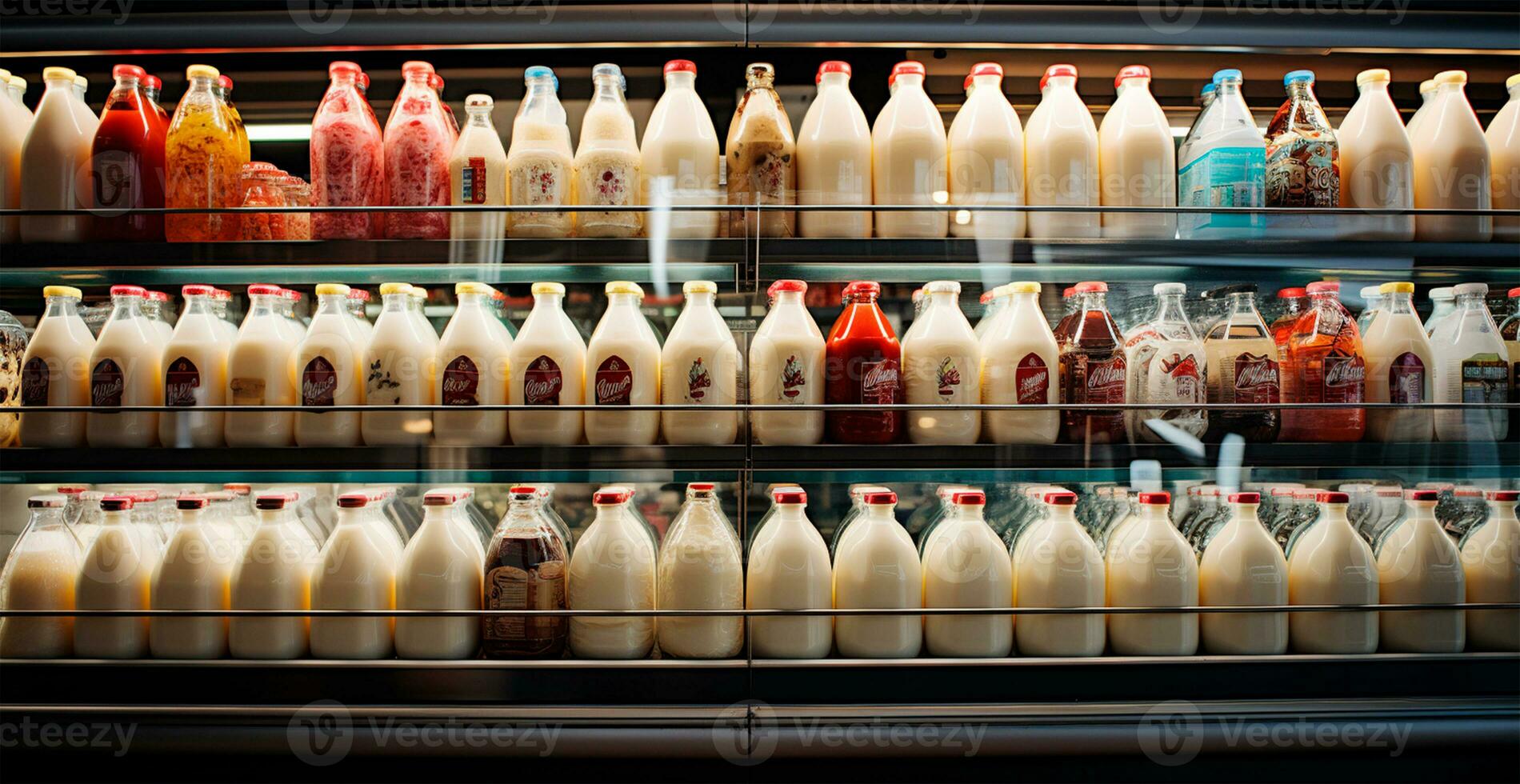 melk, kefir, zuivel producten in een op te slaan, gekoeld Scherm geval in een supermarkt - ai gegenereerd beeld foto