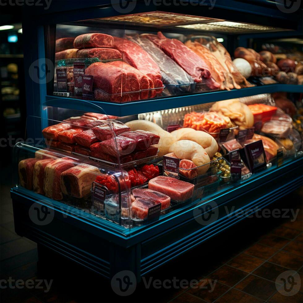 vers vlees producten, rundvlees, varkensvlees in de koelkast Aan Scherm in een supermarkt, gezond aan het eten - ai gegenereerd beeld foto