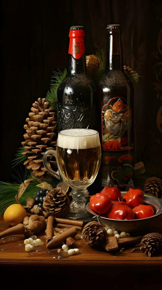 Kerstmis bier nog steeds leven met pijnboom kegels en specerijen foto