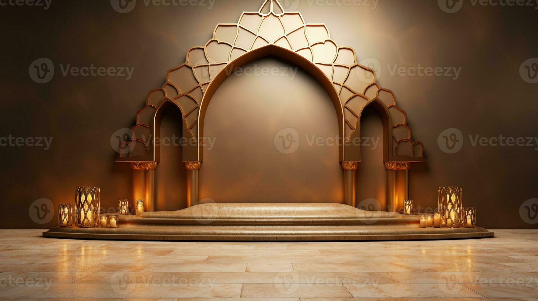 podium achtergrond. Ramadan vakantie minimalisme stijl . Arabisch ontwerp met tinten van beige goud kleuren. ai gegenereerd foto