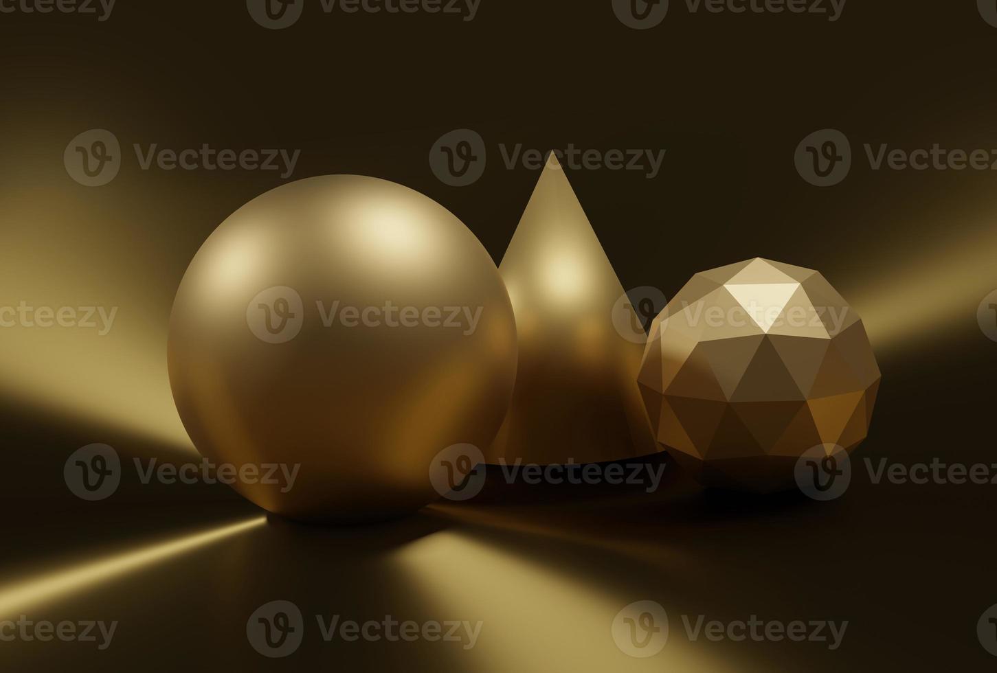 abstracte 3d geometrische vormen in gouden bol, kegel en ico bol foto