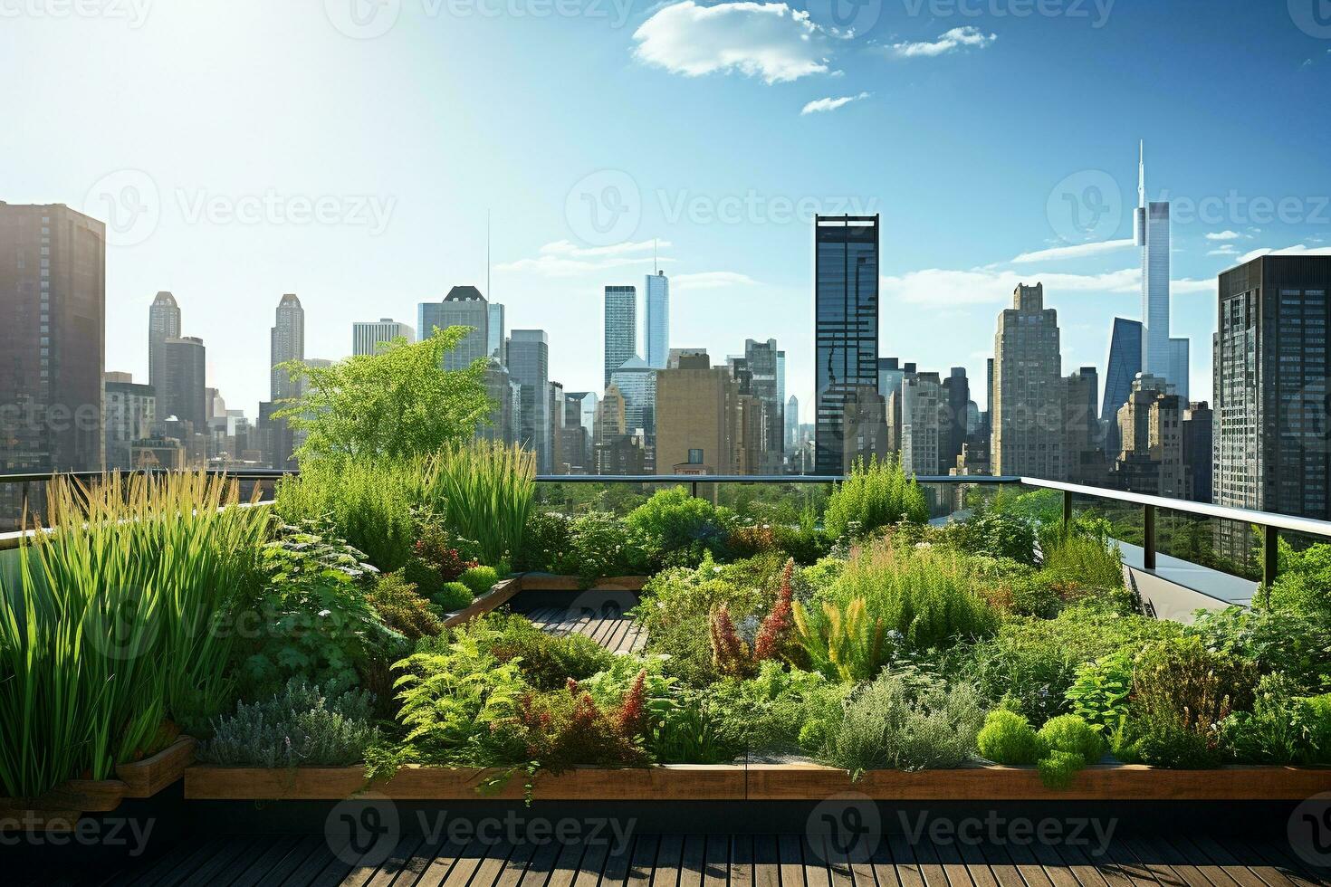 stedelijk groen dak tuin met uitzicht de stad horizon. ai generatief foto