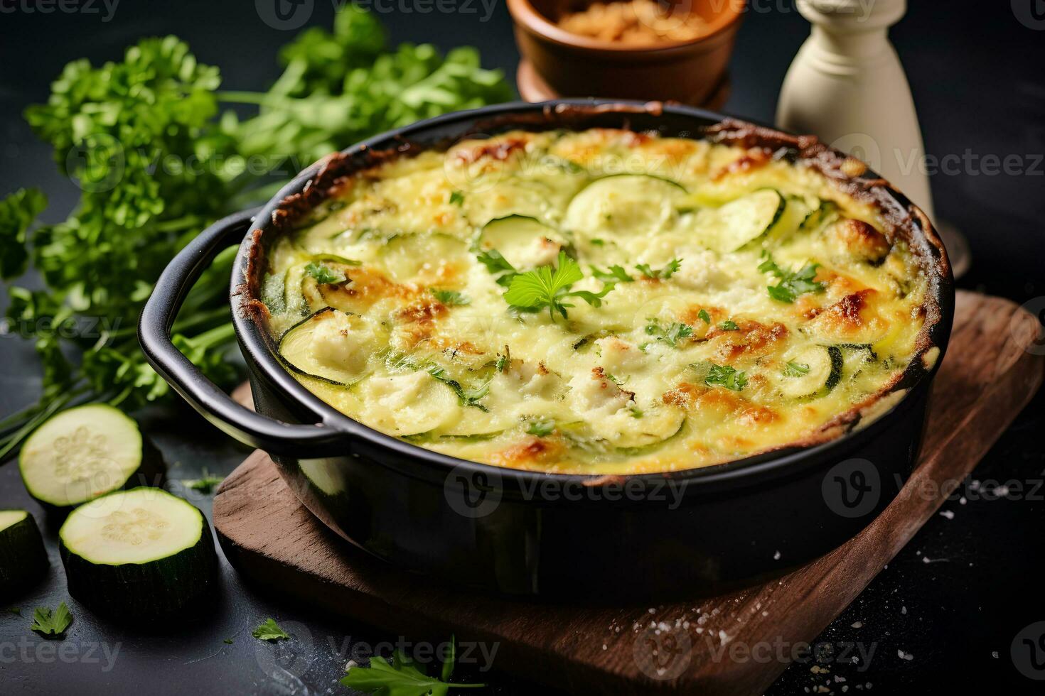 met Parmezaanse kaas doordrenkt courgette clafoutis. ai generatief foto