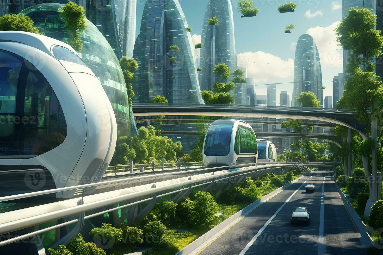 modern onbemande metro auto Aan de straat van een toekomst groen stad. een futuristische stad met elektrisch openbaar vervoer systemen. ai generatief foto