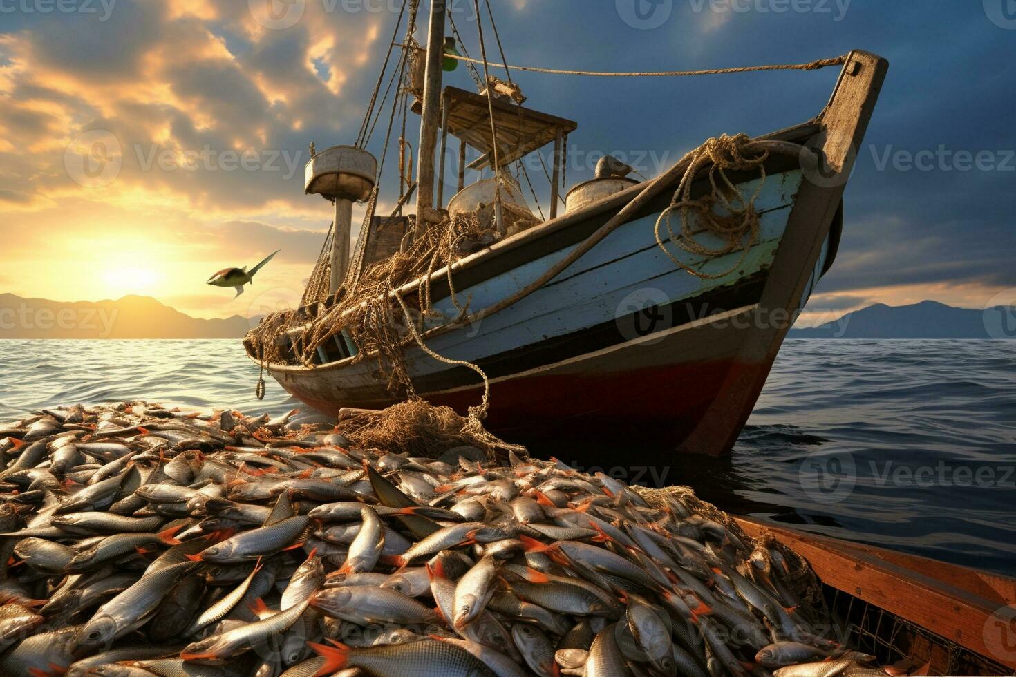 groot milieuvriendelijk visvangst boot met vangst van de dag. ai generatief foto