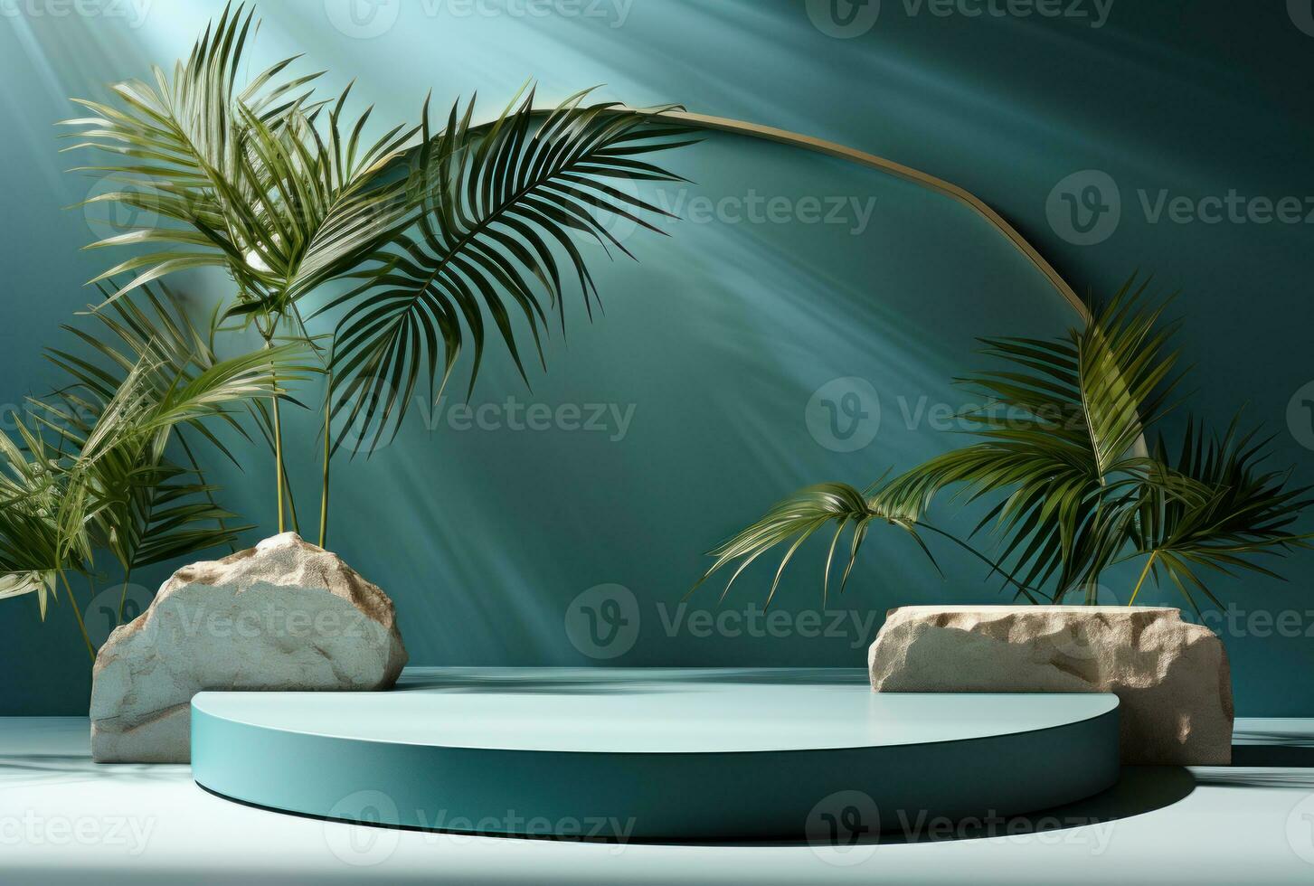3d achtergrond, steen podium Scherm reeks Aan blauw backdrop met gordijn en palm schaduw generatief ai. foto
